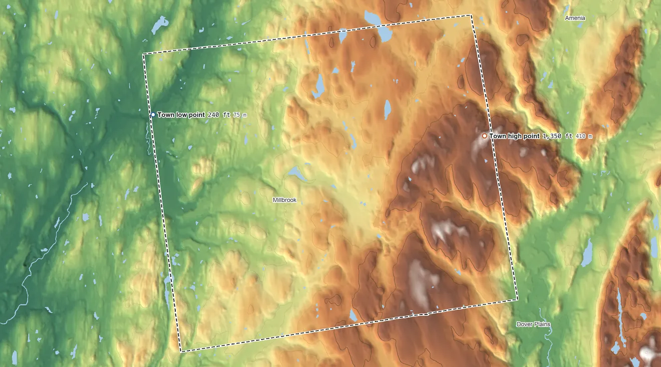 Topographic elevation map of Washington, New York, shaded from 240 ft on the northwest side to 1,350 ft on the east side