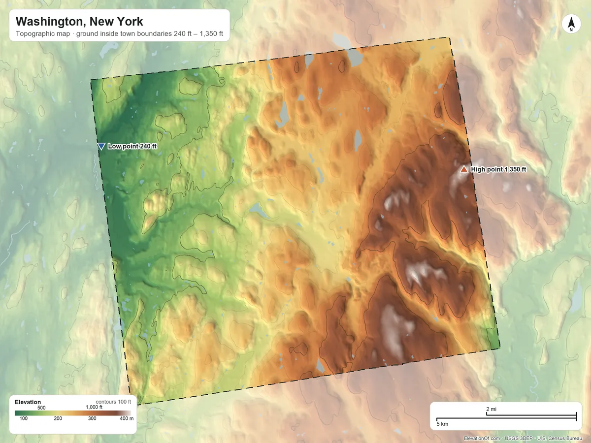 Topographic elevation map of Washington, New York, shaded from 240 ft on the northwest side to 1,350 ft on the east side
