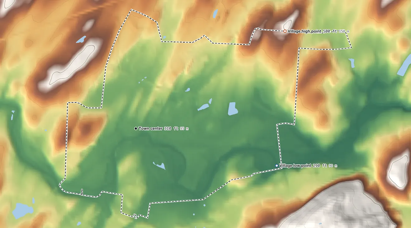 Topographic elevation map of Washingtonville, New York, shaded from 290 ft on the east side to 500 ft at the foot of the Huckleberry Hills