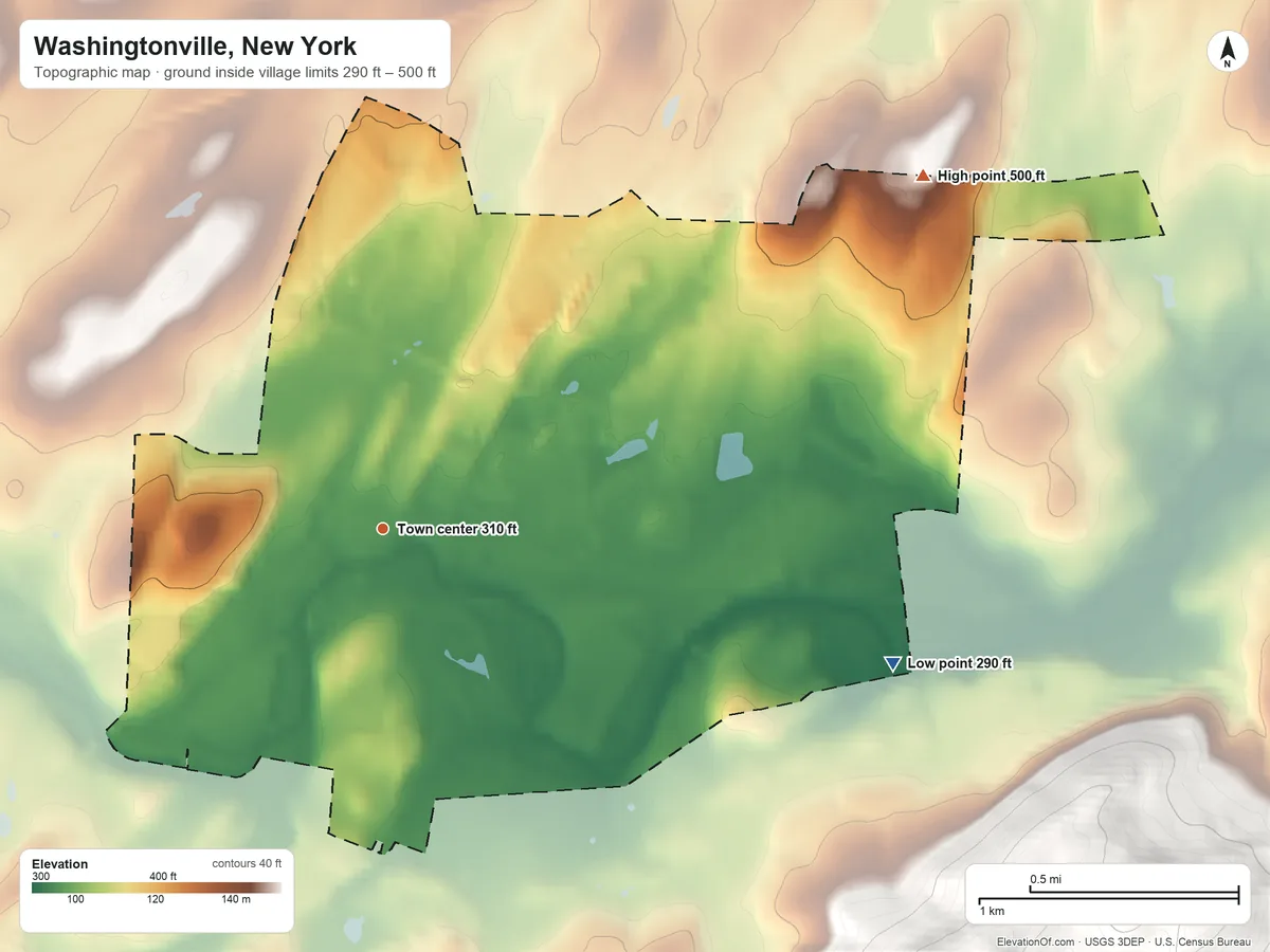 Topographic elevation map of Washingtonville, New York, shaded from 290 ft on the east side to 500 ft at the foot of the Huckleberry Hills