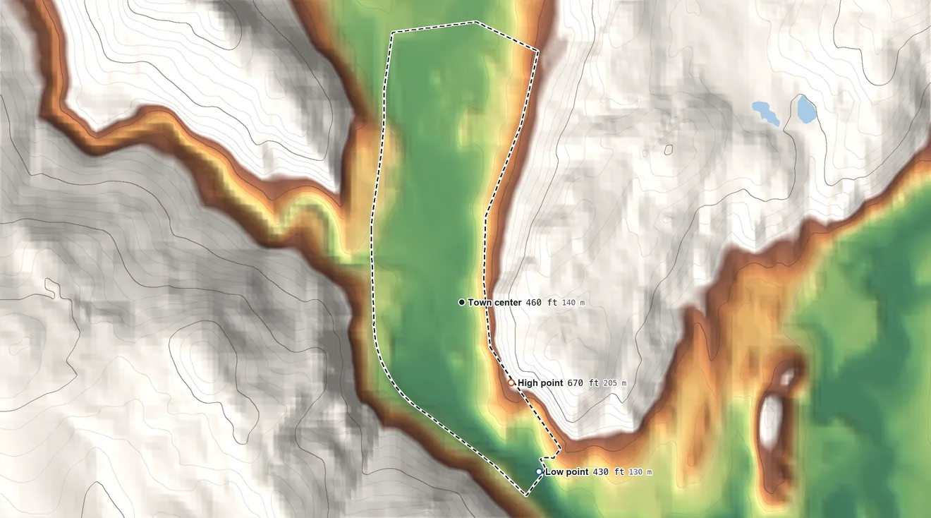 Topographic elevation map of Wassaic, New York, shaded from 430 ft on the southeast side to 670 ft at the foot of the Sharp Hills