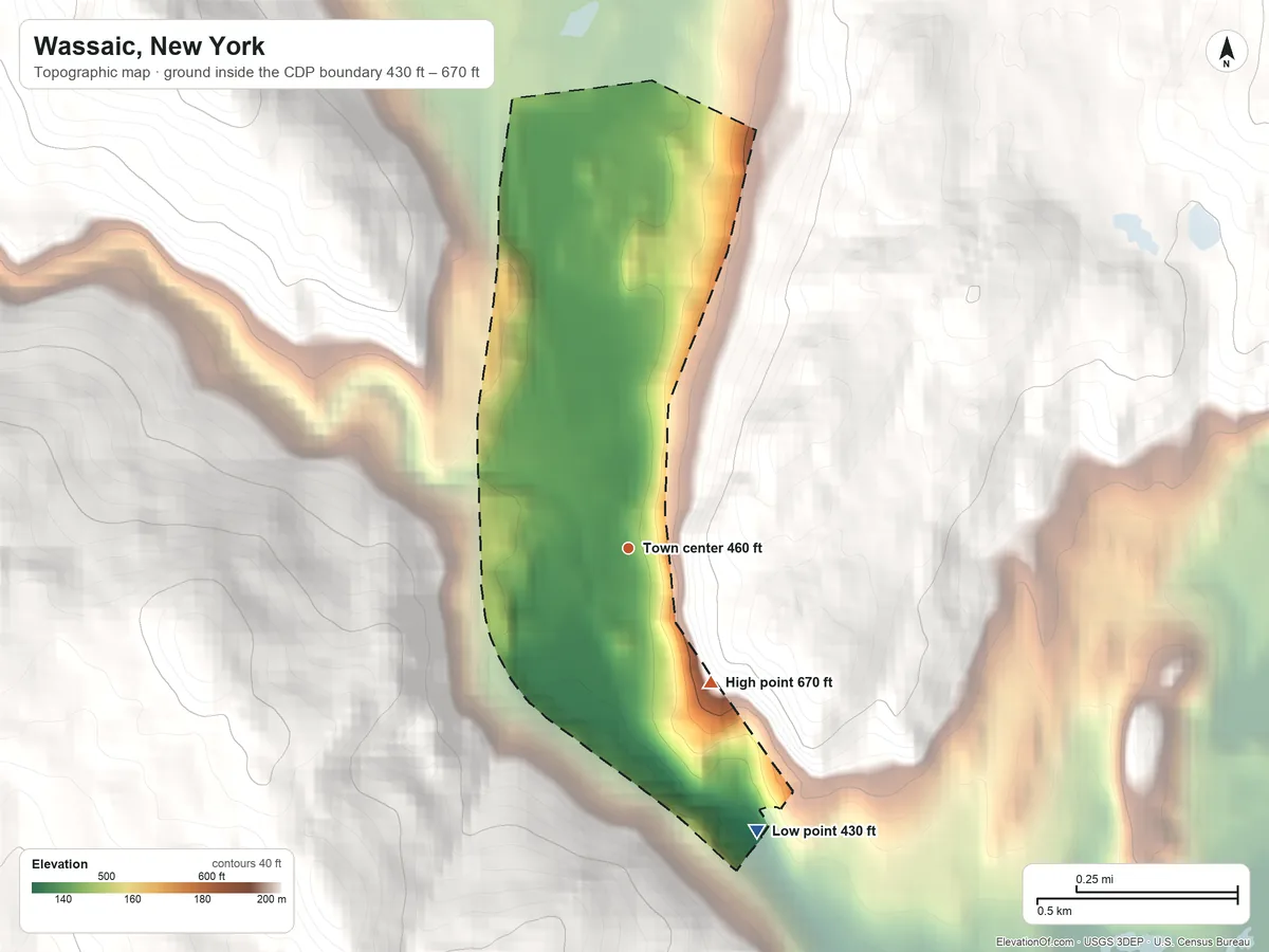 Topographic elevation map of Wassaic, New York, shaded from 430 ft on the southeast side to 670 ft at the foot of the Sharp Hills