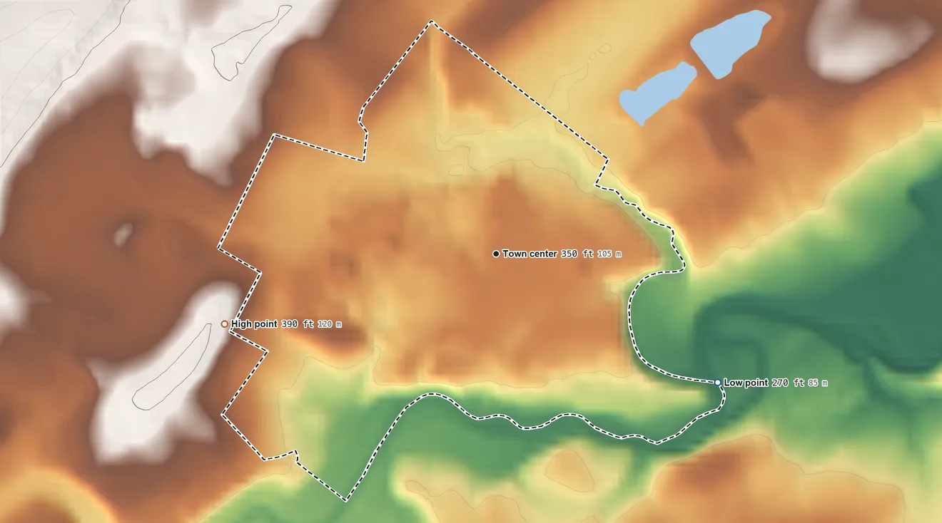 Topographic elevation map of Watchtower, New York, shaded from 270 ft on the southeast side to 390 ft on the west side