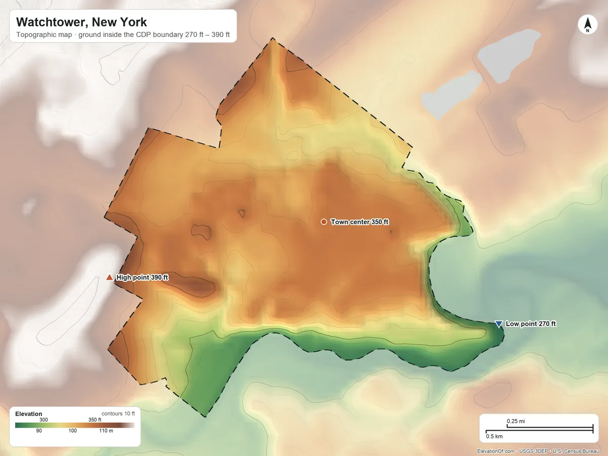 Topographic elevation map of Watchtower, New York, shaded from 270 ft on the southeast side to 390 ft on the west side