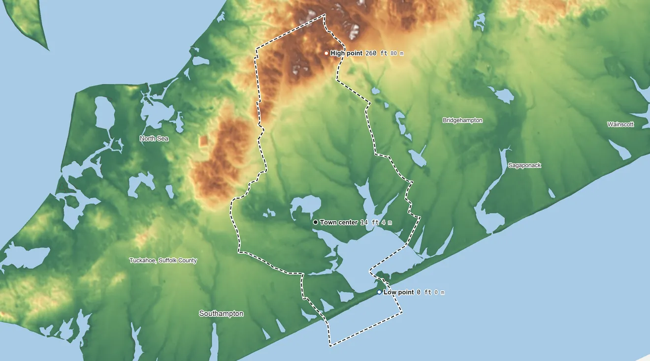 Topographic elevation map of Water Mill, New York, shaded from sea level level on the Atlantic Ocean to 260 ft on the north side