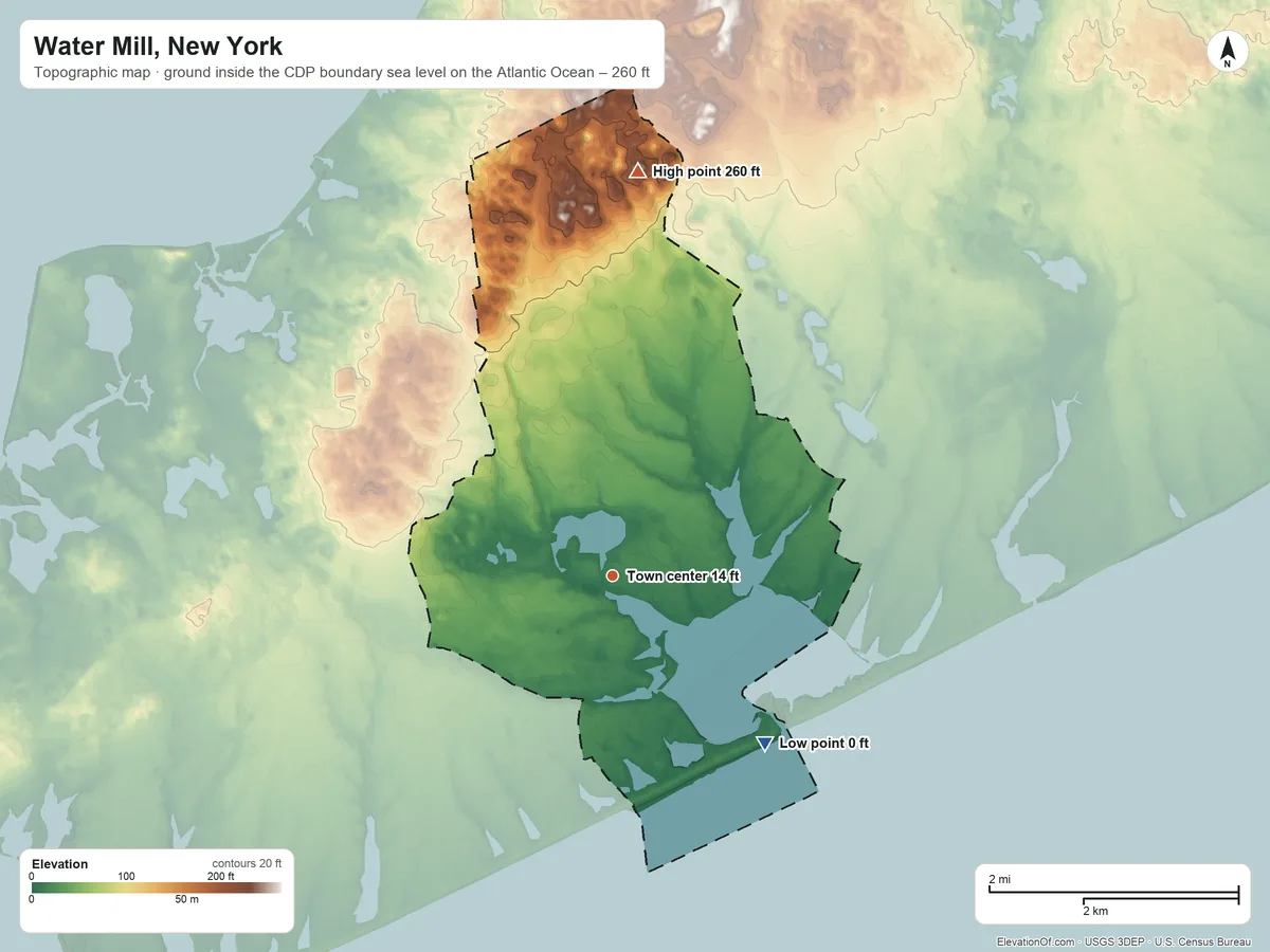 Topographic elevation map of Water Mill, New York, shaded from sea level level on the Atlantic Ocean to 260 ft on the north side