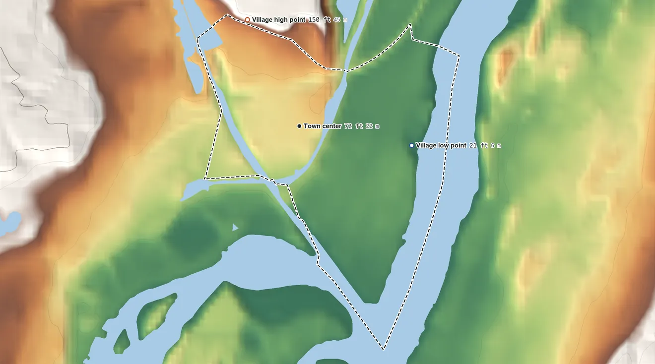 Topographic elevation map of Village of Waterford, New York, shaded from 21 ft on the east side to 150 ft on the northwest side