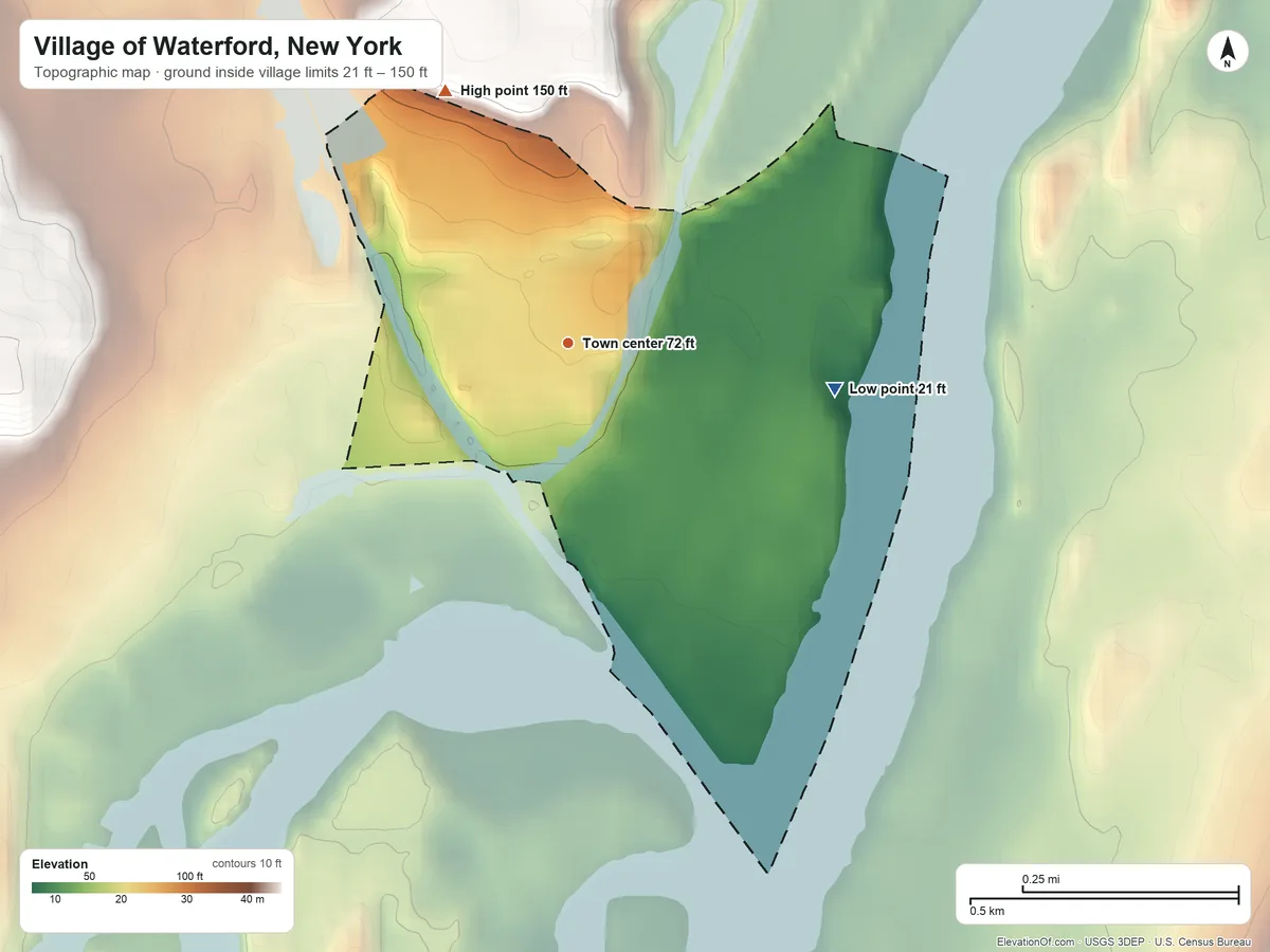 Topographic elevation map of Village of Waterford, New York, shaded from 21 ft on the east side to 150 ft on the northwest side