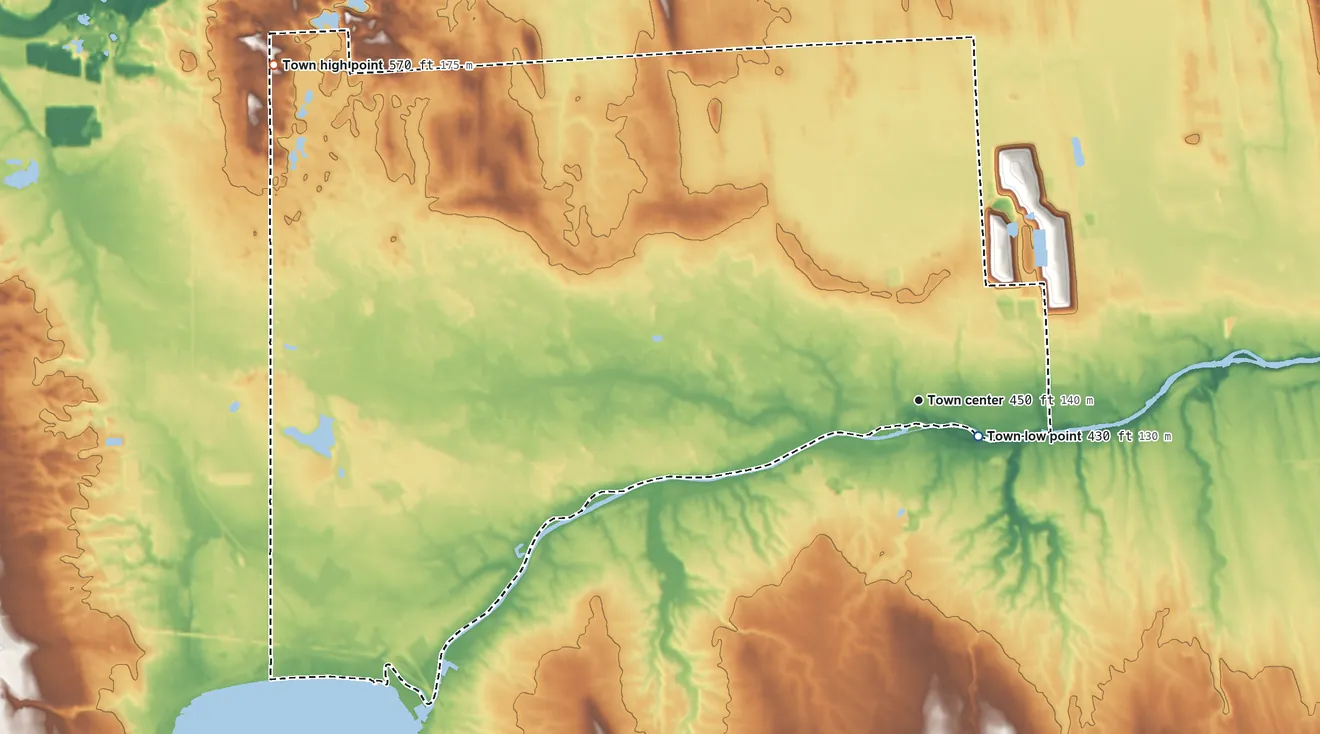 Topographic elevation map of Waterloo, New York, shaded from 430 ft near the middle to 570 ft on the northwest side