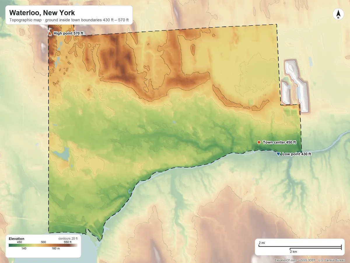 Topographic elevation map of Waterloo, New York, shaded from 430 ft near the middle to 570 ft on the northwest side