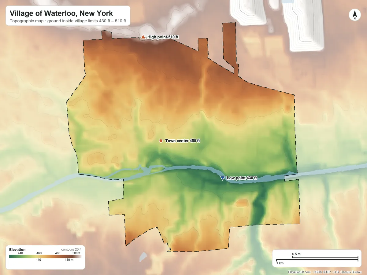 Topographic elevation map of Village of Waterloo, New York, shaded from 430 ft on the southeast side to 510 ft on the north side