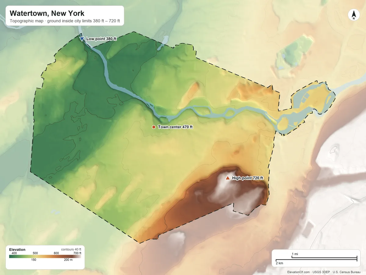 Topographic elevation map of Watertown, New York, shaded from 380 ft on the northwest side to 720 ft on the southeast side