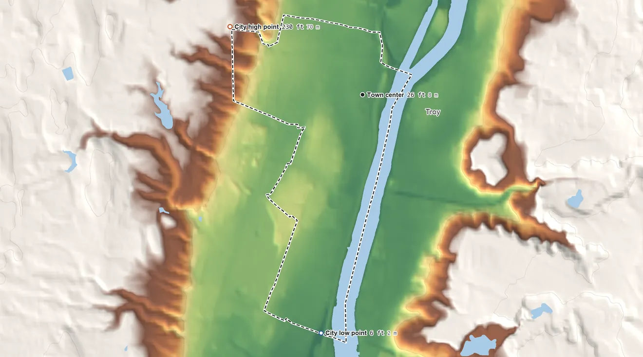 Topographic elevation map of Watervliet, New York, shaded from 6 ft on the south side to 230 ft on the northwest side