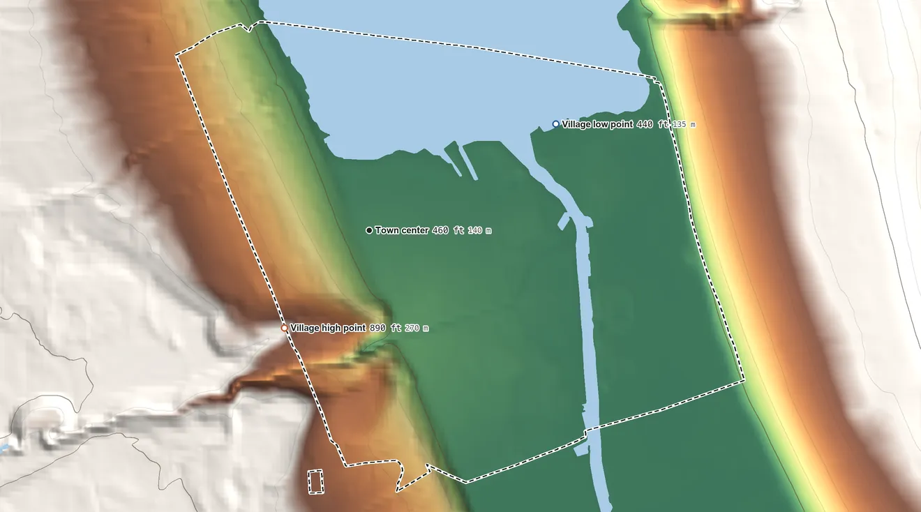 Topographic elevation map of Watkins Glen, New York, shaded from 440 ft on the northeast side to 890 ft on the southwest edge, below higher ground just outside