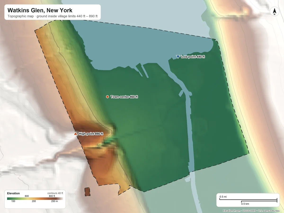 Topographic elevation map of Watkins Glen, New York, shaded from 440 ft on the northeast side to 890 ft on the southwest edge, below higher ground just outside
