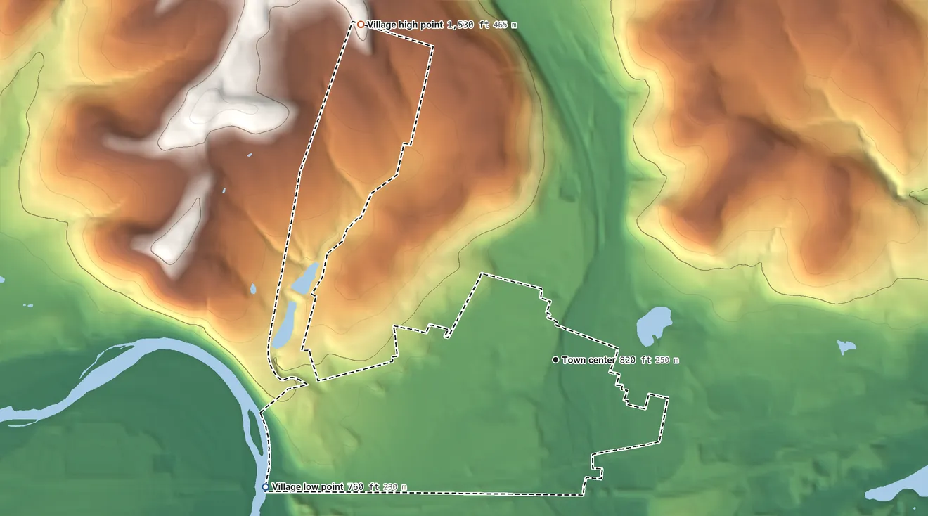 Topographic elevation map of Waverly, New York, shaded from 760 ft on the southwest side to 1,530 ft on the northwest side