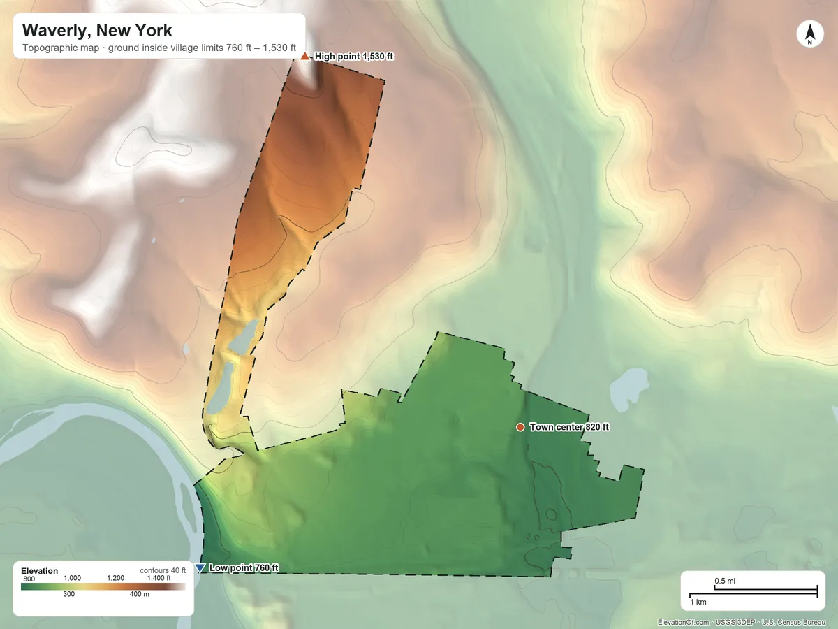 Topographic elevation map of Waverly, New York, shaded from 760 ft on the southwest side to 1,530 ft on the northwest side