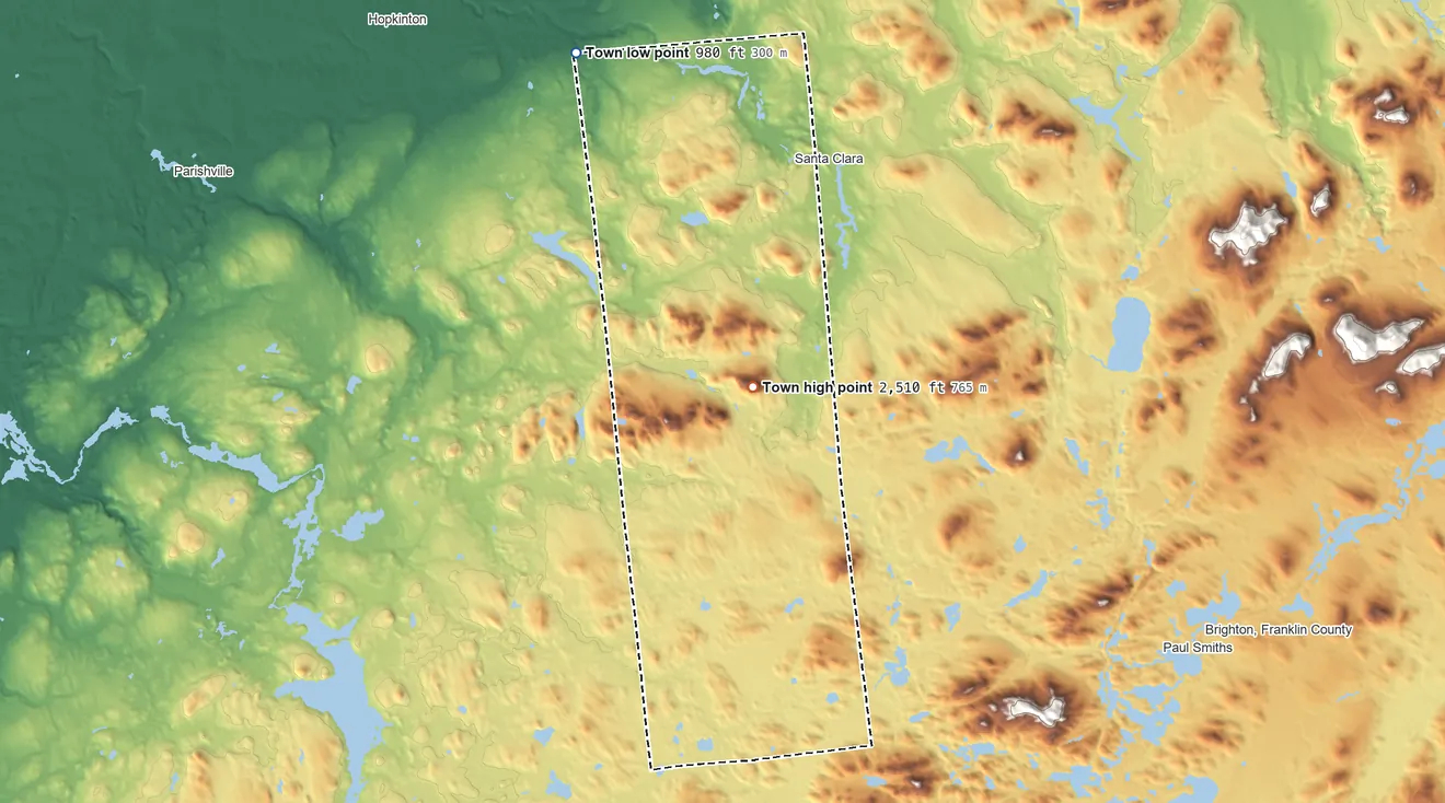 Topographic elevation map of Town of Waverly, New York, shaded from 980 ft on the west side to 2,508 ft on Azure Mountain