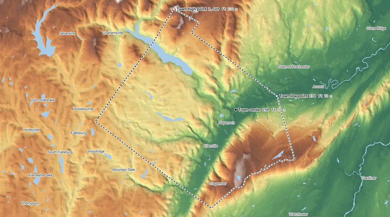 Topographic elevation map of Wawarsing, New York, shaded from 230 ft on the east side to 2,400 ft on the northwest side