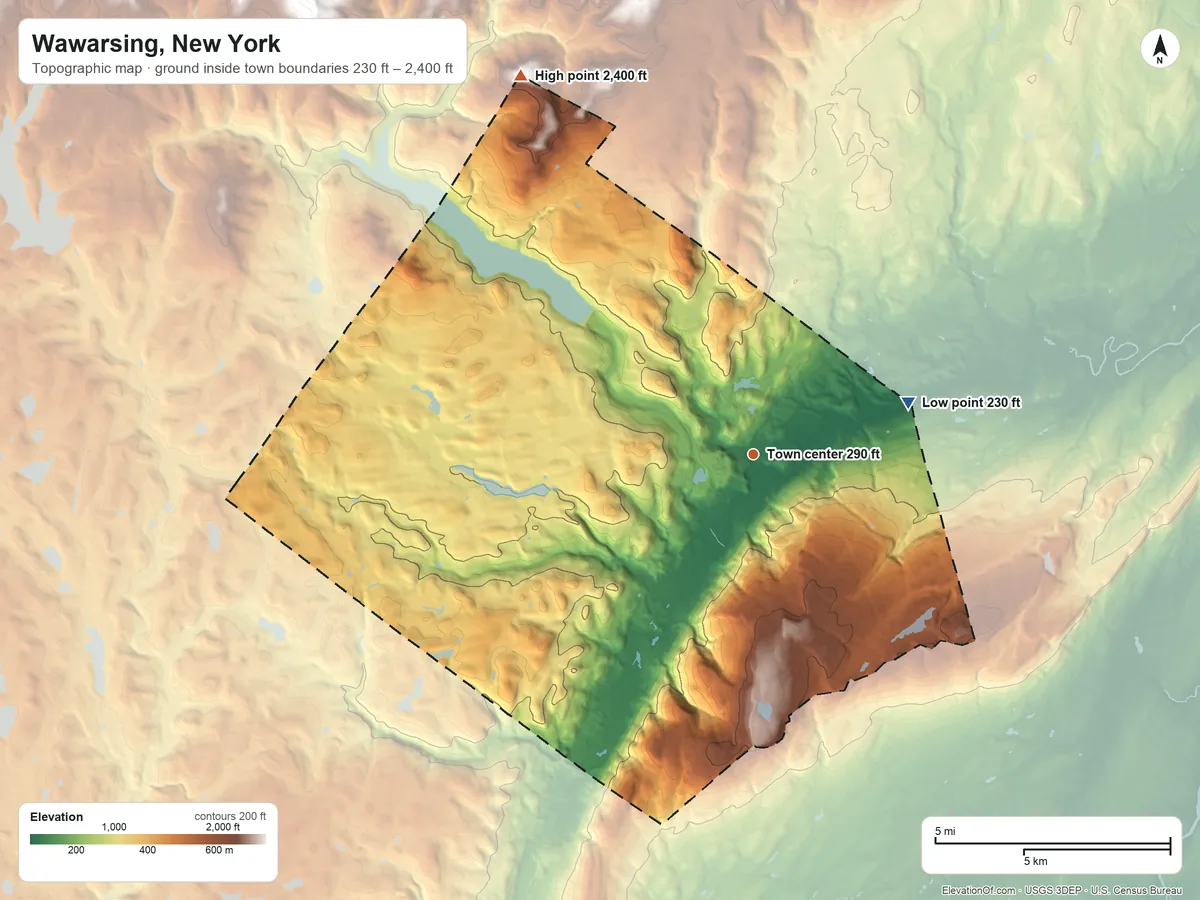 Topographic elevation map of Wawarsing, New York, shaded from 230 ft on the east side to 2,400 ft on the northwest side
