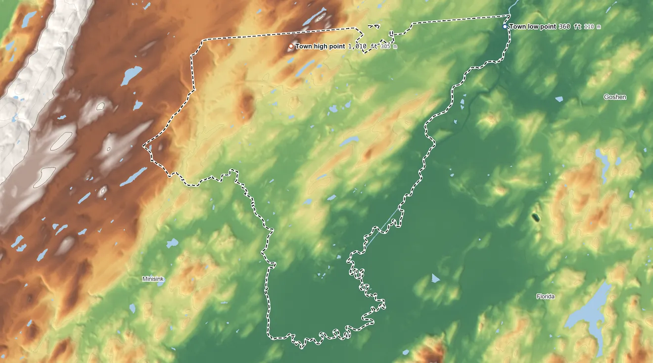 Topographic elevation map of Wawayanda, New York, shaded from 360 ft on the northeast side to 1,010 ft on the northwest side