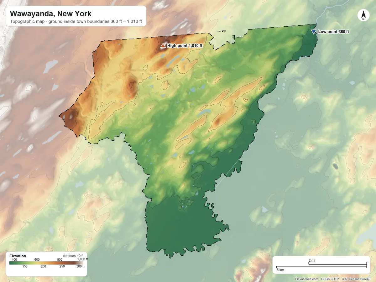Topographic elevation map of Wawayanda, New York, shaded from 360 ft on the northeast side to 1,010 ft on the northwest side
