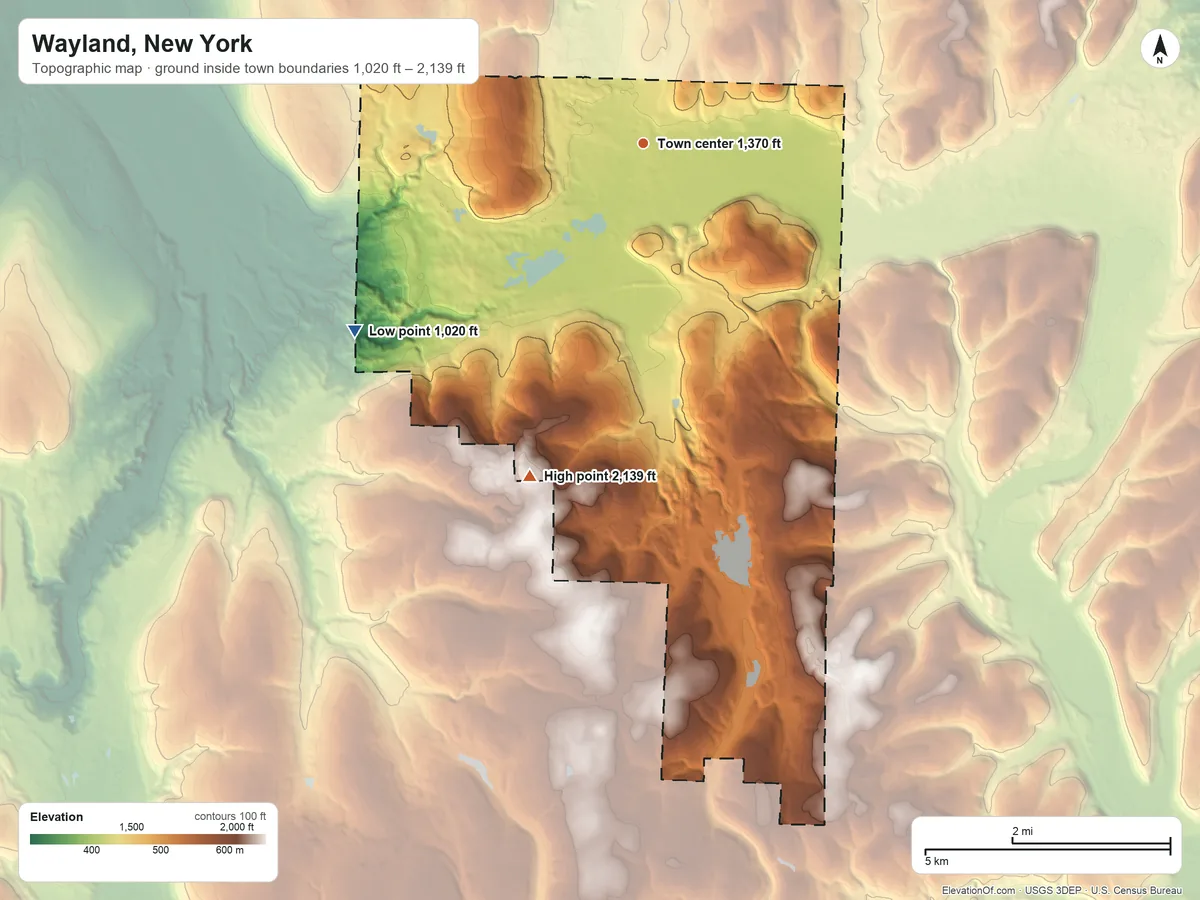 Topographic elevation map of Wayland, New York, shaded from 1,020 ft on the southwest side to 2,139 ft on Sand Hill