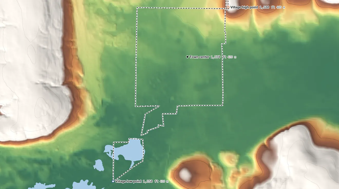 Topographic elevation map of Village of Wayland, New York, shaded from 1,350 ft on the southwest side to 1,580 ft on the northeast edge, below higher ground just outside
