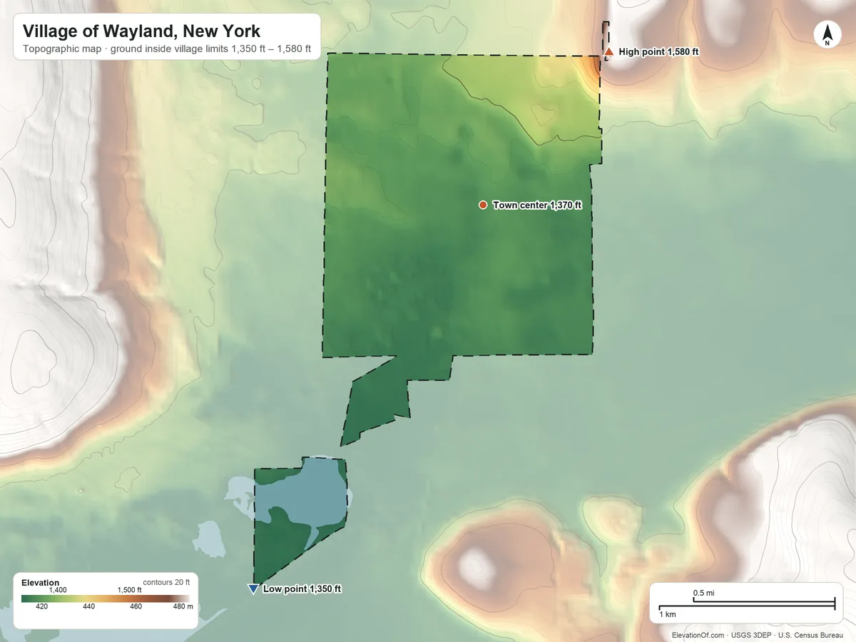 Topographic elevation map of Village of Wayland, New York, shaded from 1,350 ft on the southwest side to 1,580 ft on the northeast edge, below higher ground just outside