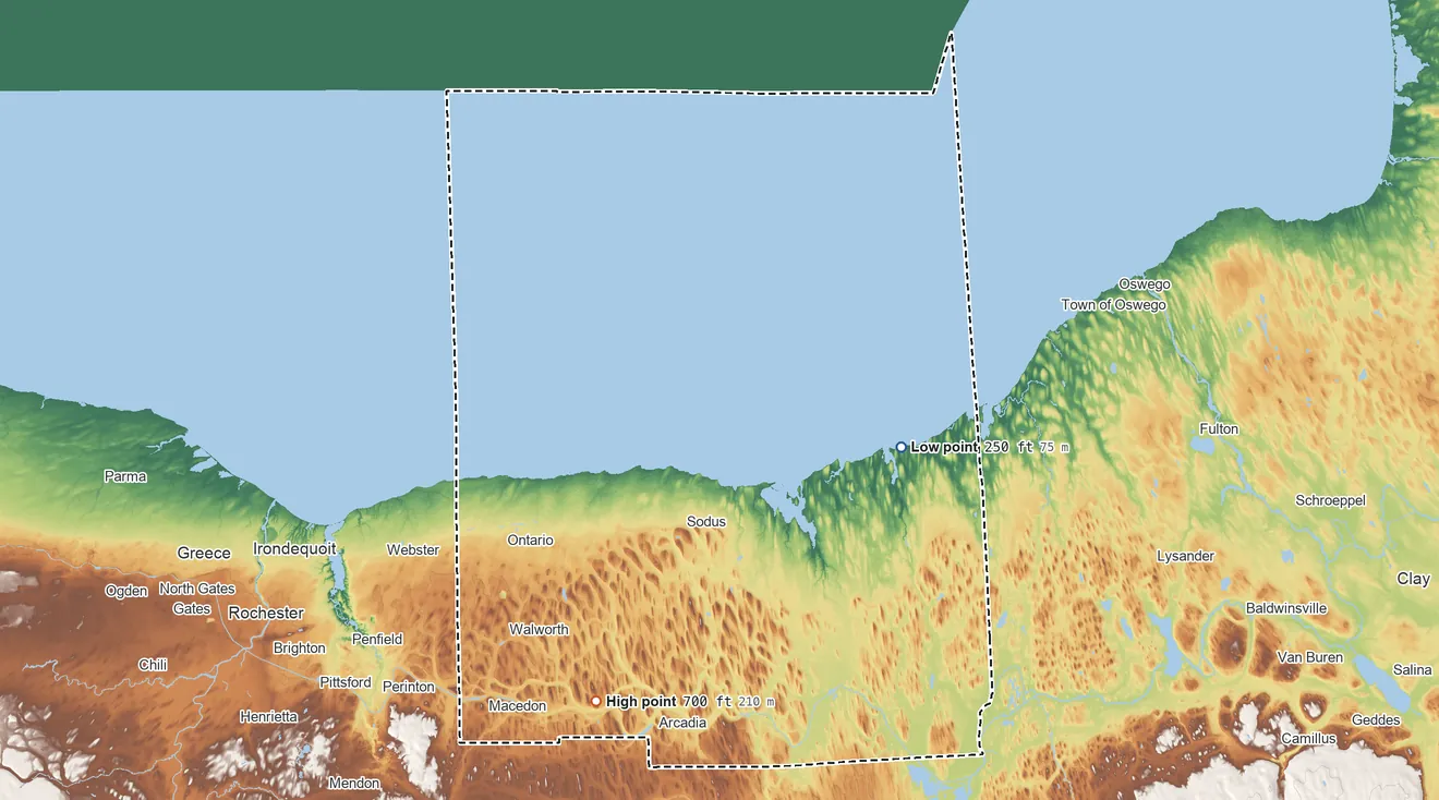 Topographic elevation map of Wayne County, New York, shaded from 250 ft on the east side to 700 ft on the south side