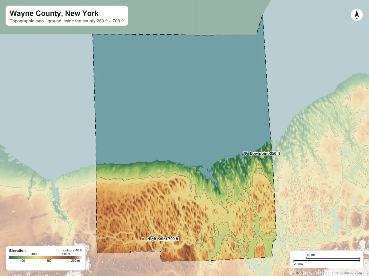 Topographic elevation map of Wayne County, New York, shaded from 250 ft on the east side to 700 ft on the south side