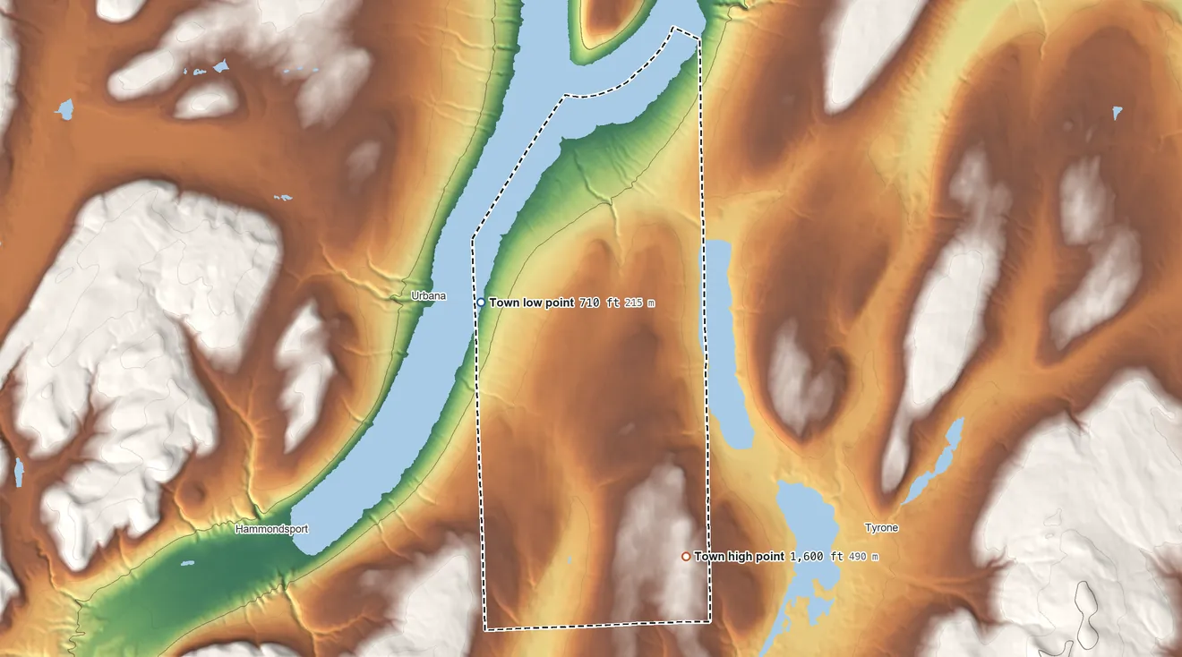 Topographic elevation map of Wayne, New York, shaded from 710 ft on the west side to 1,600 ft on Whitehead Hill