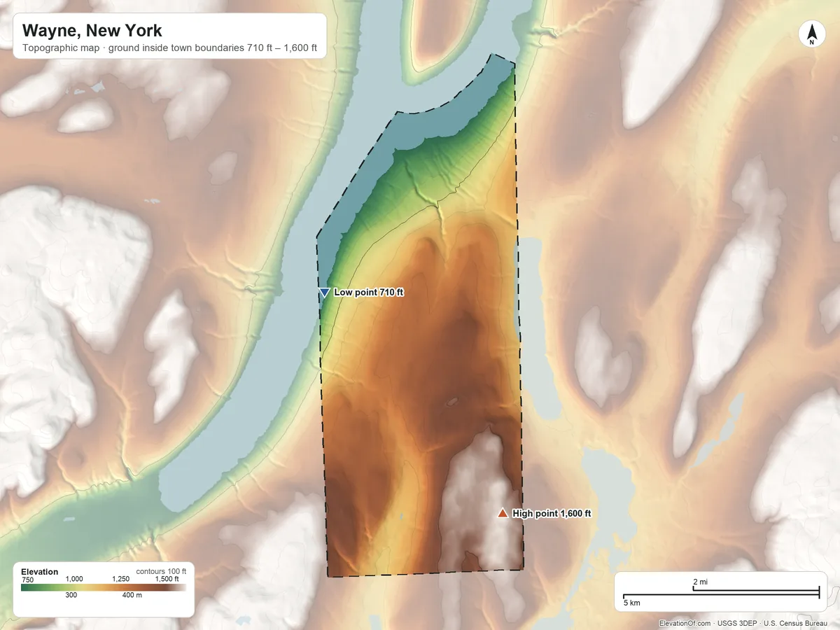 Topographic elevation map of Wayne, New York, shaded from 710 ft on the west side to 1,600 ft on Whitehead Hill