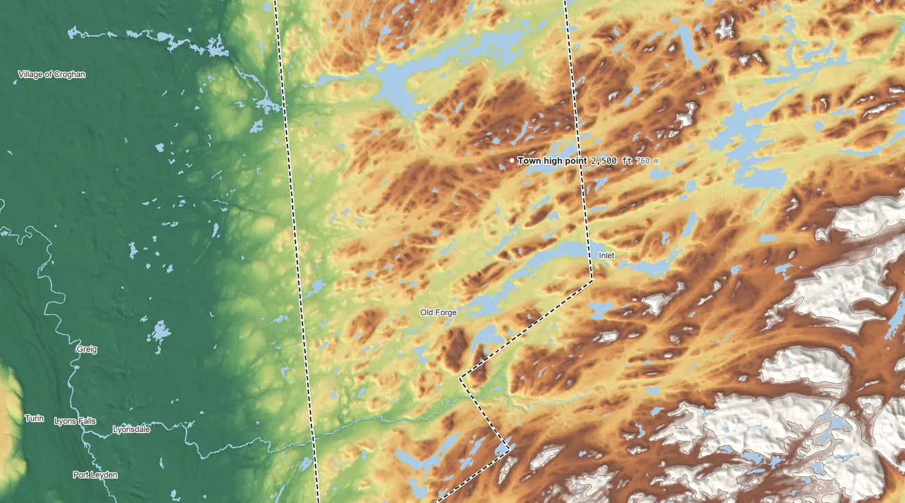 Topographic elevation map of Webb, New York, shaded from 1,350 ft on the northwest side to 2,500 ft on the north side