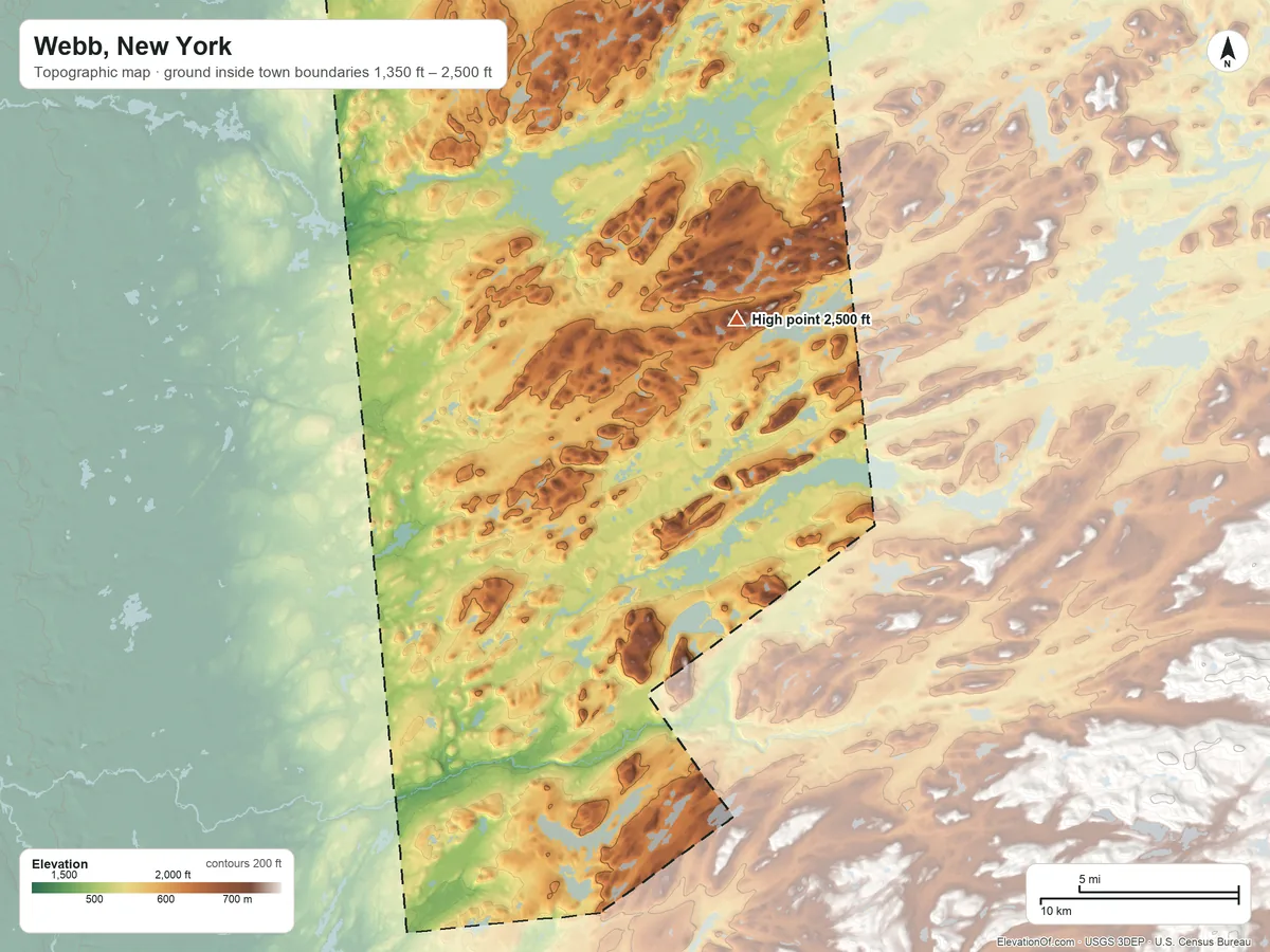 Topographic elevation map of Webb, New York, shaded from 1,350 ft on the northwest side to 2,500 ft on the north side