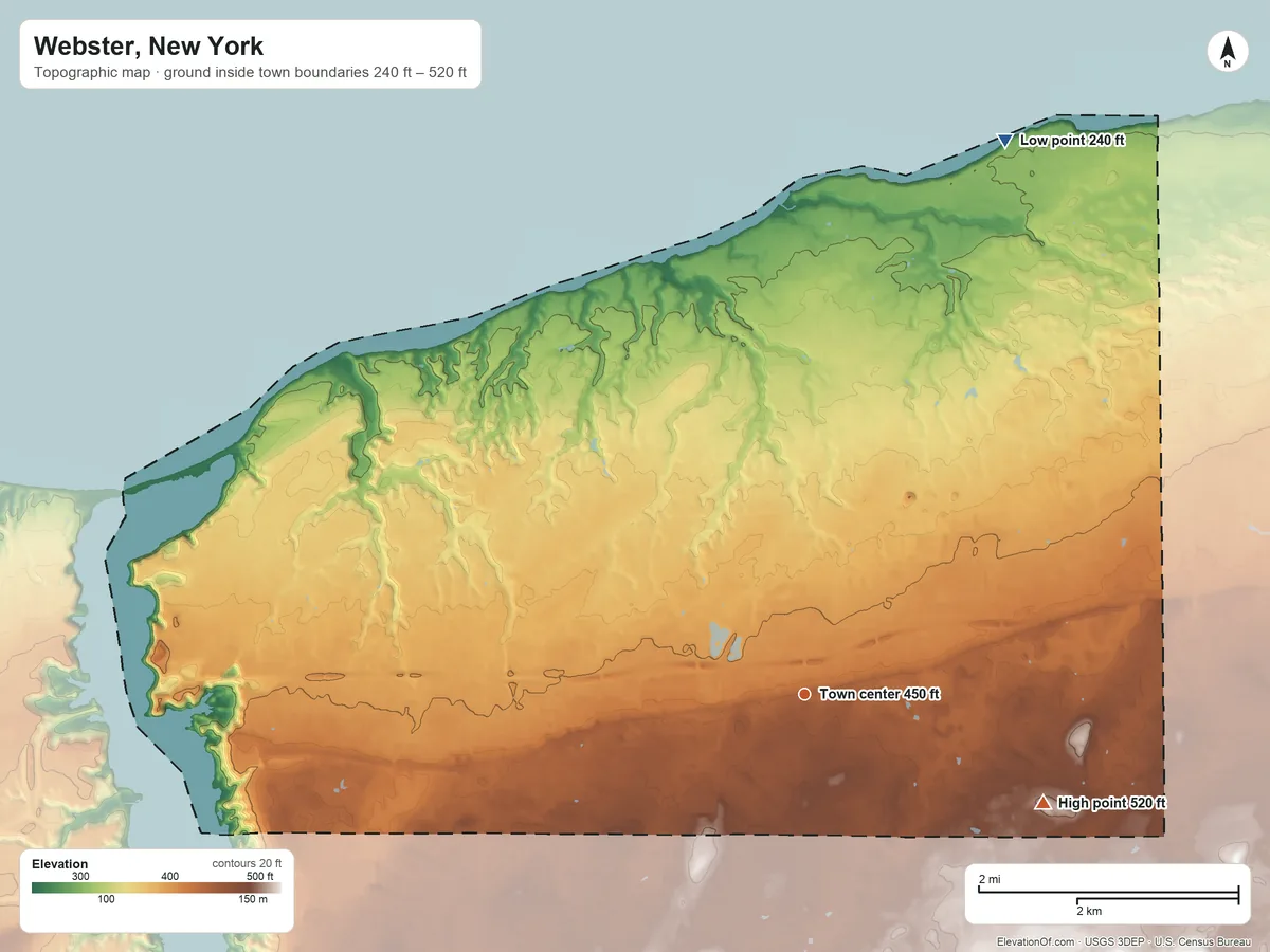 Topographic elevation map of Webster, New York, shaded from 240 ft on the north side to 520 ft on the southeast side