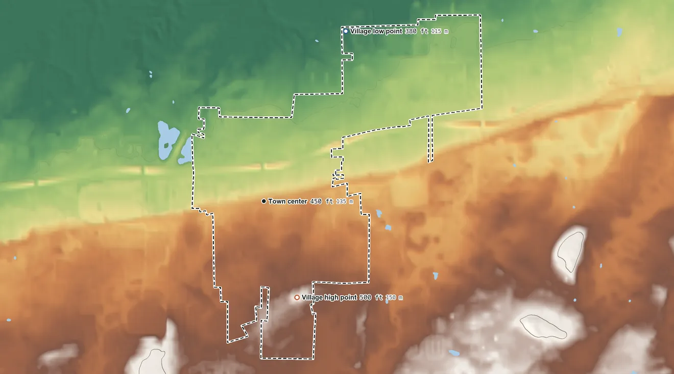 Topographic elevation map of Village of Webster, New York, shaded from 380 ft on the northeast side to 500 ft on the south side