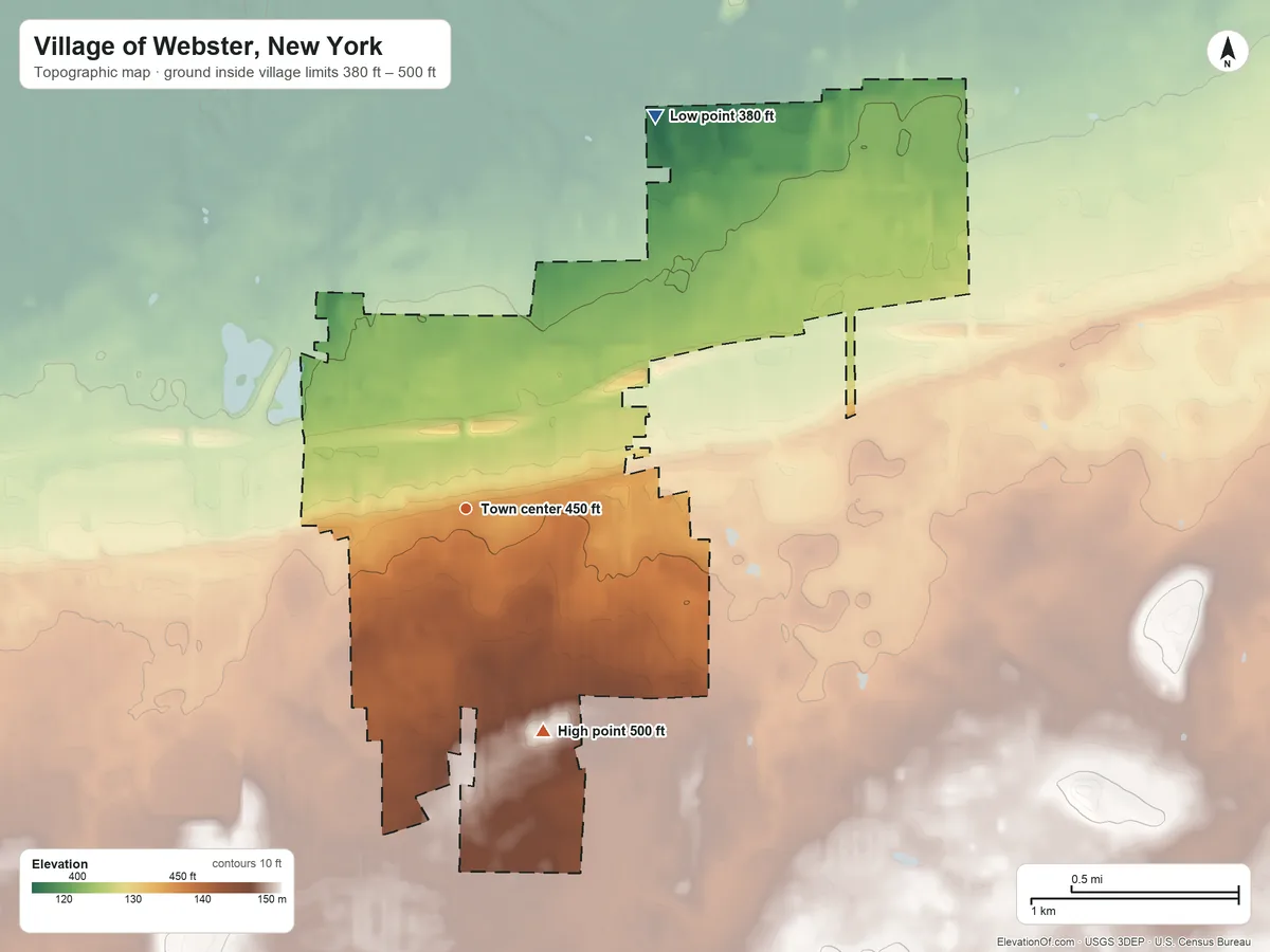 Topographic elevation map of Village of Webster, New York, shaded from 380 ft on the northeast side to 500 ft on the south side