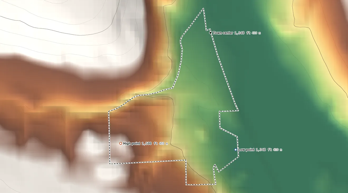 Topographic elevation map of Websters Crossing, New York, shaded from 1,340 ft on the south side to 1,500 ft on the southwest edge, below higher ground just outside