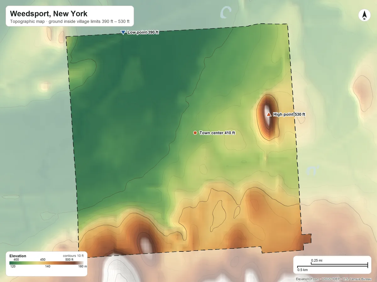 Topographic elevation map of Weedsport, New York, shaded from 390 ft on the northwest side to 530 ft on the east side