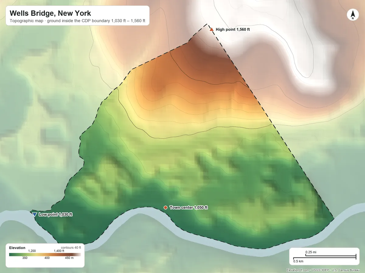 Topographic elevation map of Wells Bridge, New York, shaded from 1,030 ft on the west side to 1,560 ft on the north side
