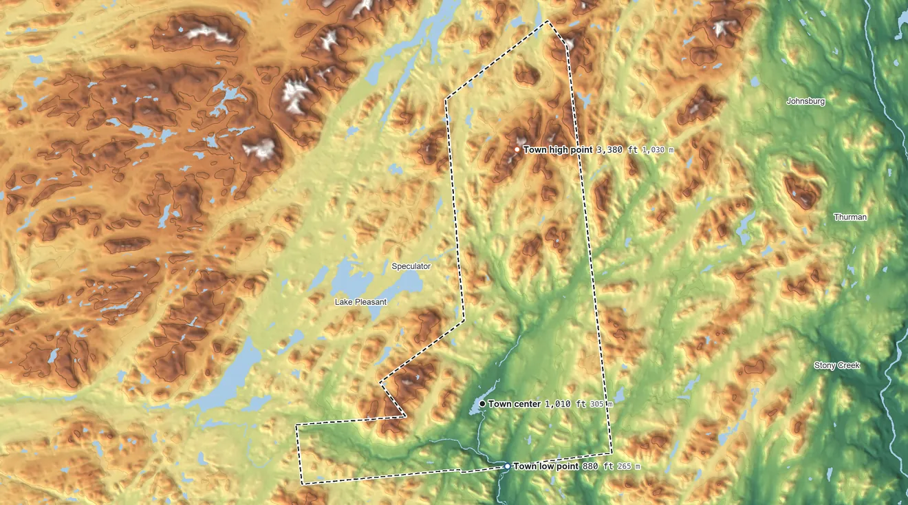 Topographic elevation map of Wells, New York, shaded from 880 ft on the south side to 3,380 ft on the north side