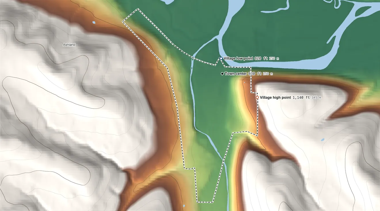 Topographic elevation map of Wellsburg, New York, shaded from 820 ft near the middle to 1,140 ft on the southeast edge, below higher ground just outside