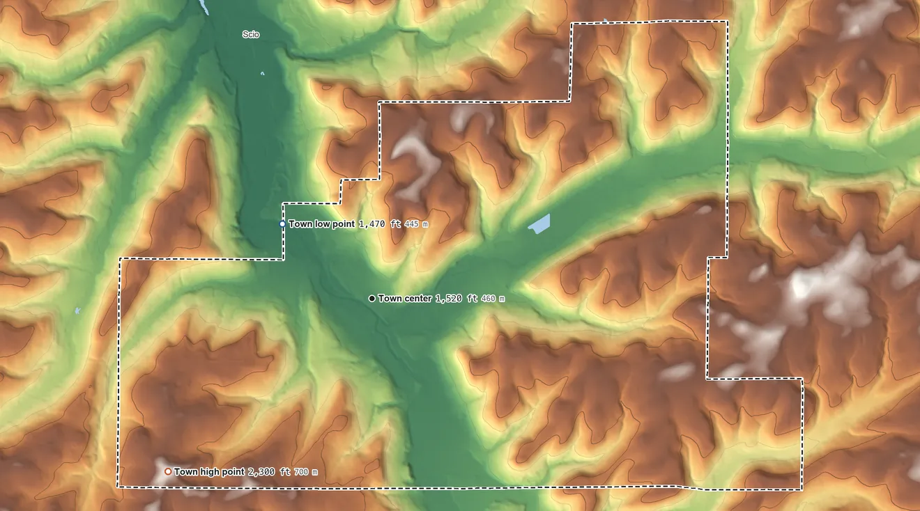 Topographic elevation map of Wellsville, New York, shaded from 1,470 ft on the northwest side to 2,300 ft on the southwest side