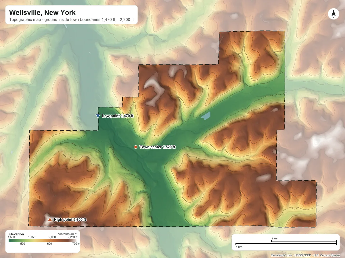 Topographic elevation map of Wellsville, New York, shaded from 1,470 ft on the northwest side to 2,300 ft on the southwest side