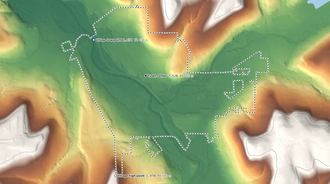 Topographic elevation map of Village of Wellsville, New York, shaded from 1,470 ft on the northwest side to 1,970 ft on the south side