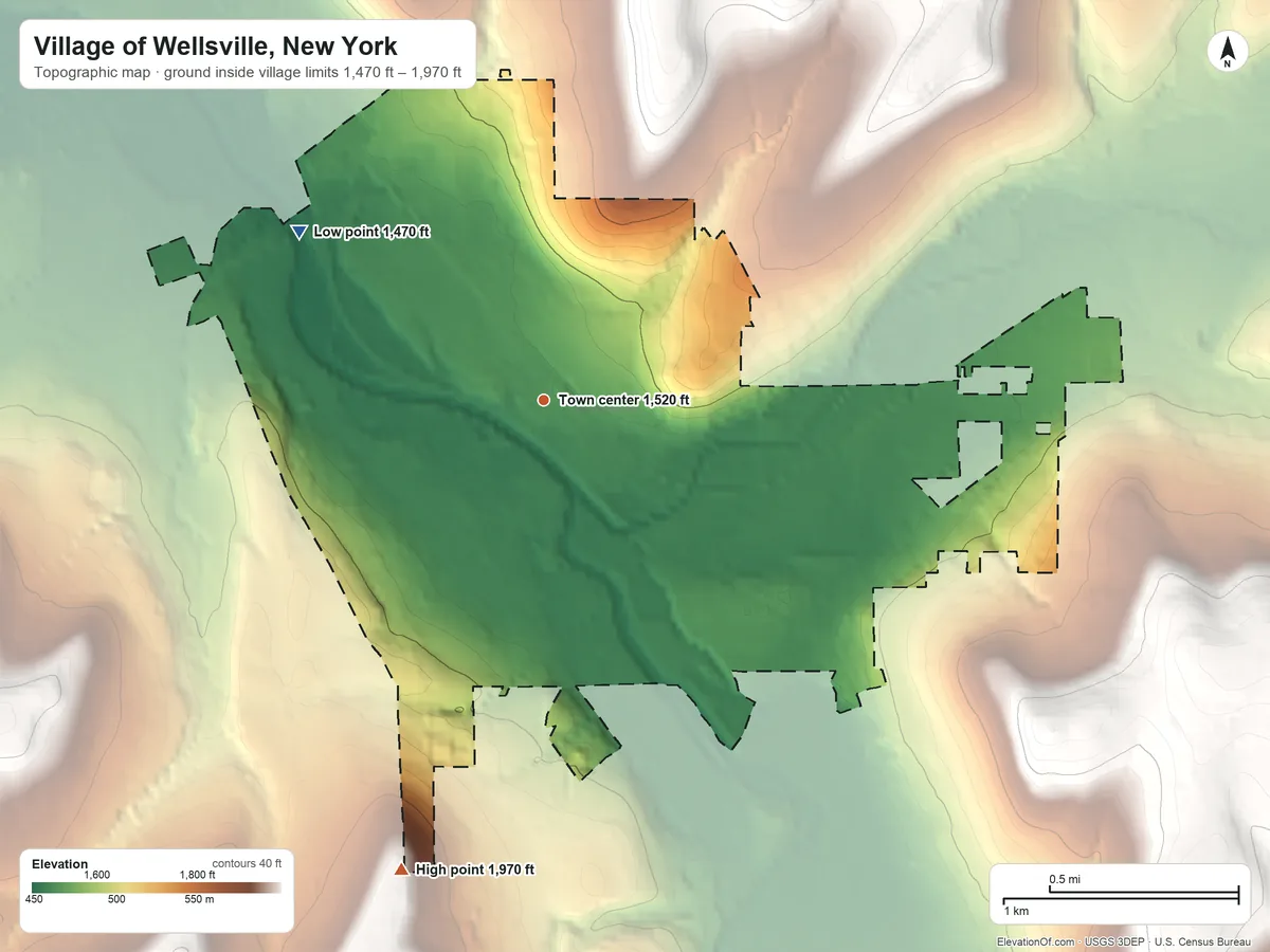 Topographic elevation map of Village of Wellsville, New York, shaded from 1,470 ft on the northwest side to 1,970 ft on the south side