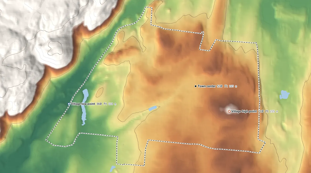 Topographic elevation map of Wesley Hills, New York, shaded from 360 ft on the west side to 710 ft on the southeast side