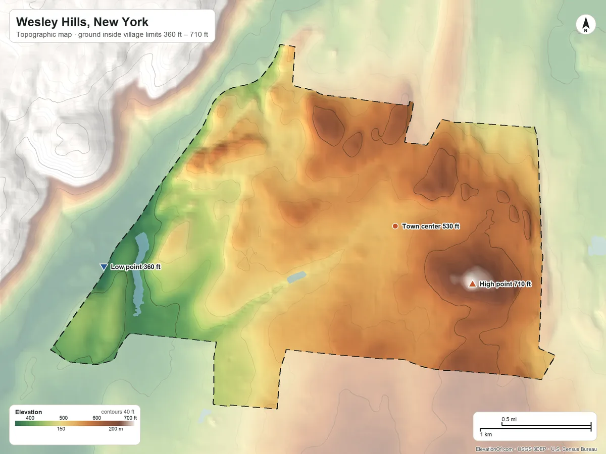 Topographic elevation map of Wesley Hills, New York, shaded from 360 ft on the west side to 710 ft on the southeast side