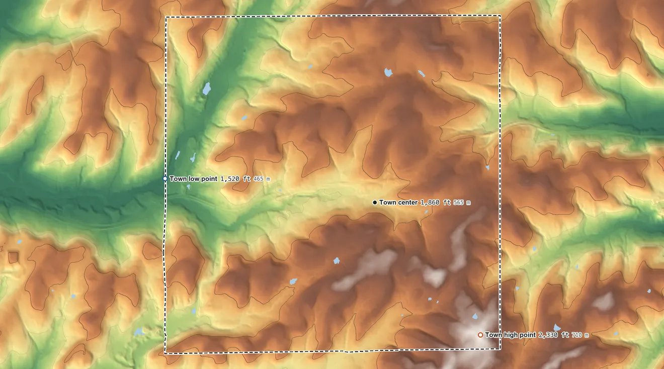 Topographic elevation map of West Almond, New York, shaded from 1,520 ft on the west side to 2,330 ft on the southeast side